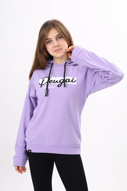 Lila Yazı Nakışlı Kapüşonlu Kız Çocuk Sweatshirt 16443