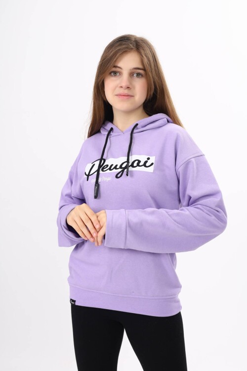 Lila Yazı Nakışlı Kapüşonlu Kız Çocuk Sweatshirt 16443