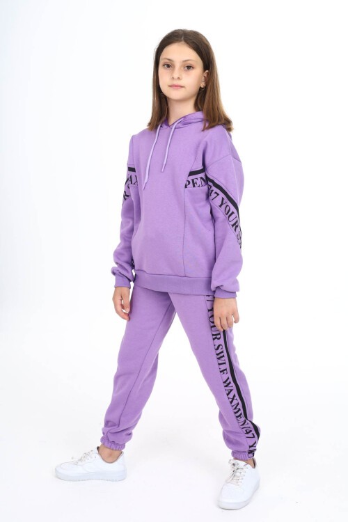Lila Yazı Şeritli Polarlı Kız Çocuk Kapşonlu Eşofman Takımı 16439