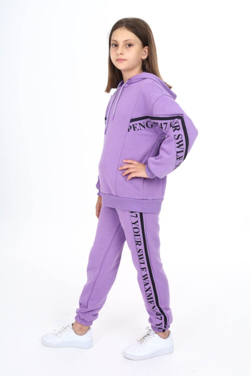 Lila Yazı Şeritli Polarlı Kız Çocuk Kapşonlu Eşofman Takımı 16439