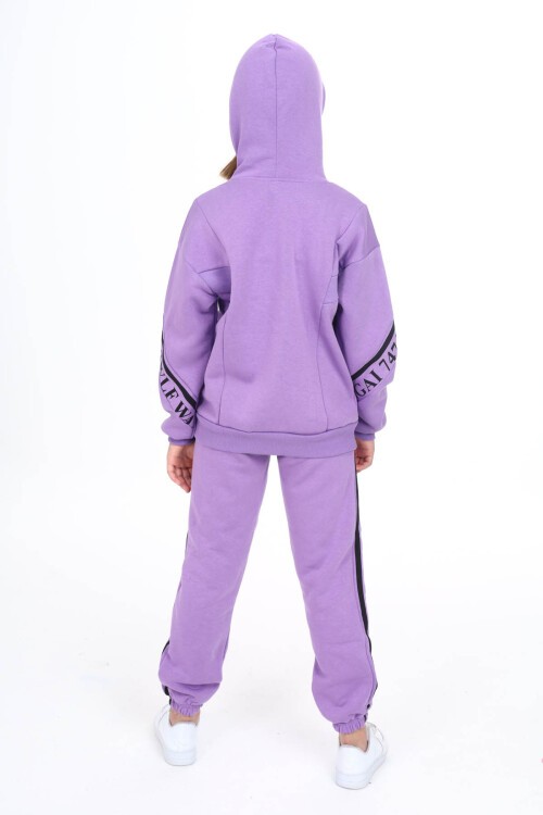 Lila Yazı Şeritli Polarlı Kız Çocuk Kapşonlu Eşofman Takımı 16439