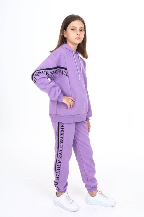 Lila Yazı Şeritli Polarlı Kız Çocuk Kapşonlu Eşofman Takımı 16439