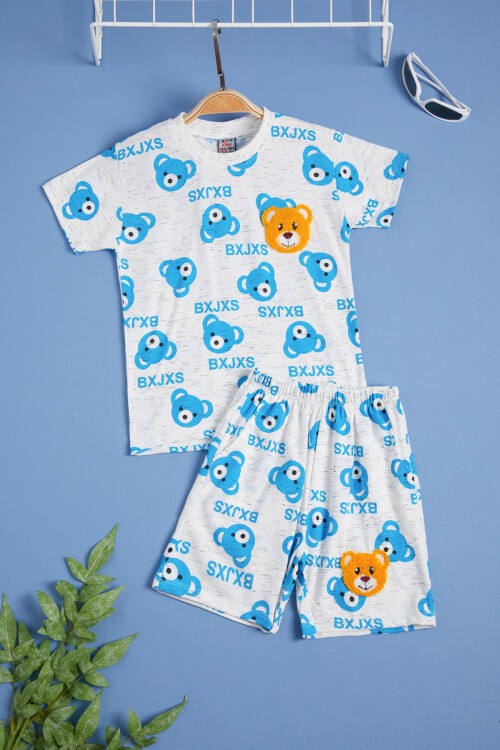 Mavi Ayıcık Baskılı Erkek Çocuk Şortlu Yazlık Takım 15576