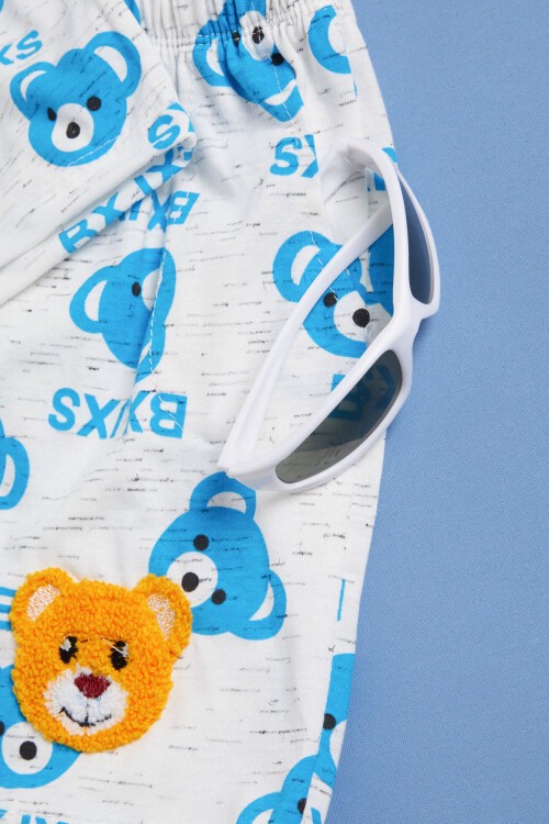 Mavi Ayıcık Baskılı Erkek Çocuk Şortlu Yazlık Takım 15576