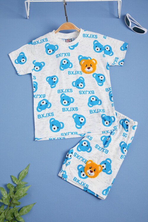 Mavi Ayıcık Baskılı Erkek Çocuk Şortlu Yazlık Takım 15576