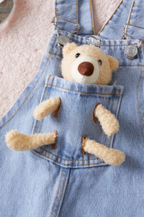 Mavi Ayıcık Cepli Kız Çocuk Jean Salopet Tulum 15458