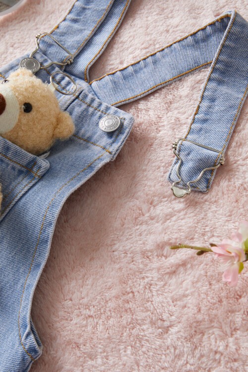 Mavi Ayıcık Cepli Kız Çocuk Jean Salopet Tulum 15458