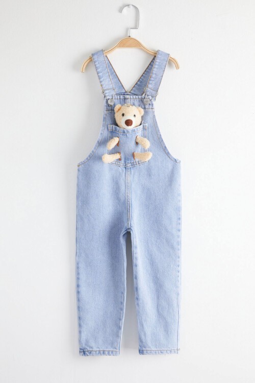 Mavi Ayıcık Cepli Kız Çocuk Jean Salopet Tulum 15458