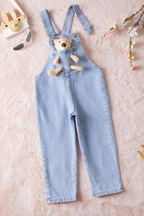 Mavi Ayıcık Cepli Kız Çocuk Jean Salopet Tulum 15458