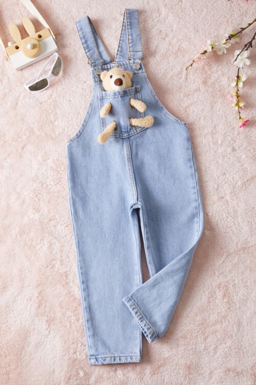 Mavi Ayıcık Cepli Kız Çocuk Jean Salopet Tulum 15458