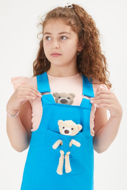 Mavi Ayıcıklı Kız Çocuk Salopet Takım 16043