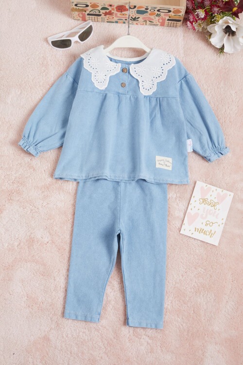 Mavi Dantel Yakalı Kız Bebek 2li Takım 16161