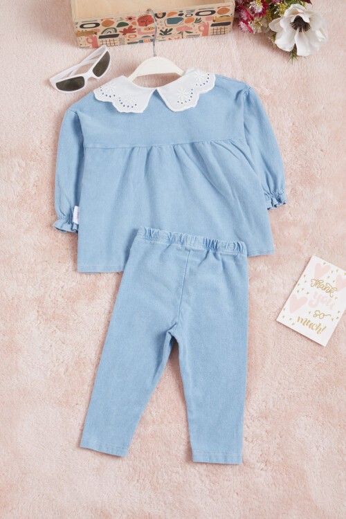 Mavi Dantel Yakalı Kız Bebek 2li Takım 16161