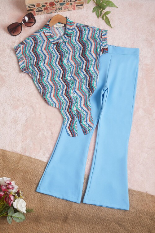 Mavi Desenli Gömlekli İspanyol Paça Pantolon Kız Takım 15598