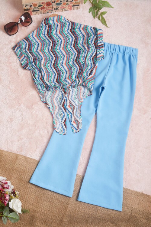 Mavi Desenli Gömlekli İspanyol Paça Pantolon Kız Takım 15598