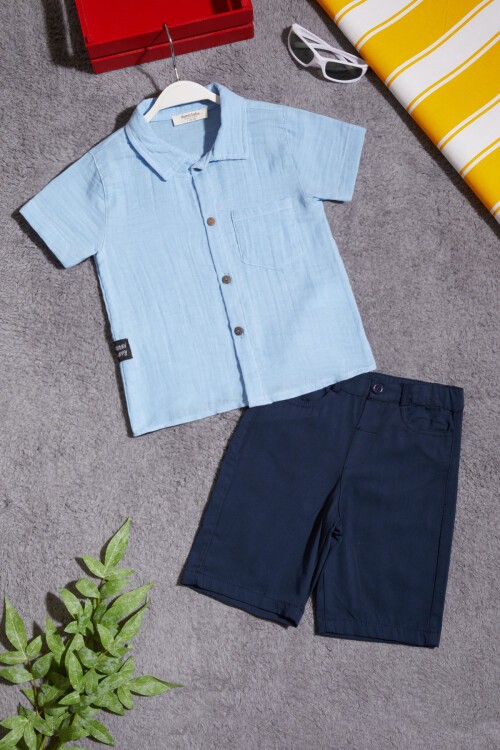 Mavi Gömlekli Keten Şortlu Erkek Çocuk Takım 15429