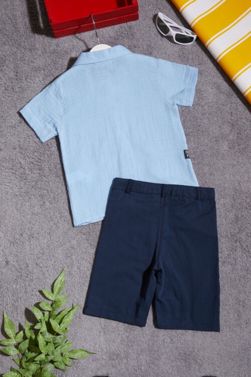 Mavi Gömlekli Keten Şortlu Erkek Çocuk Takım 15429