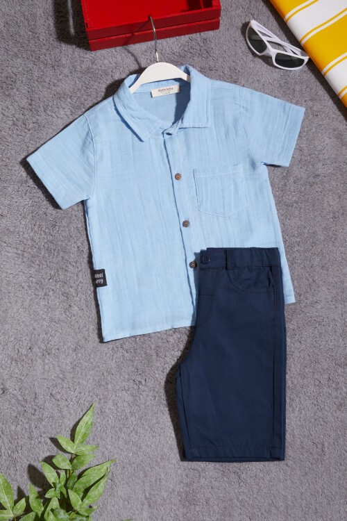 Mavi Gömlekli Keten Şortlu Erkek Çocuk Takım 15429