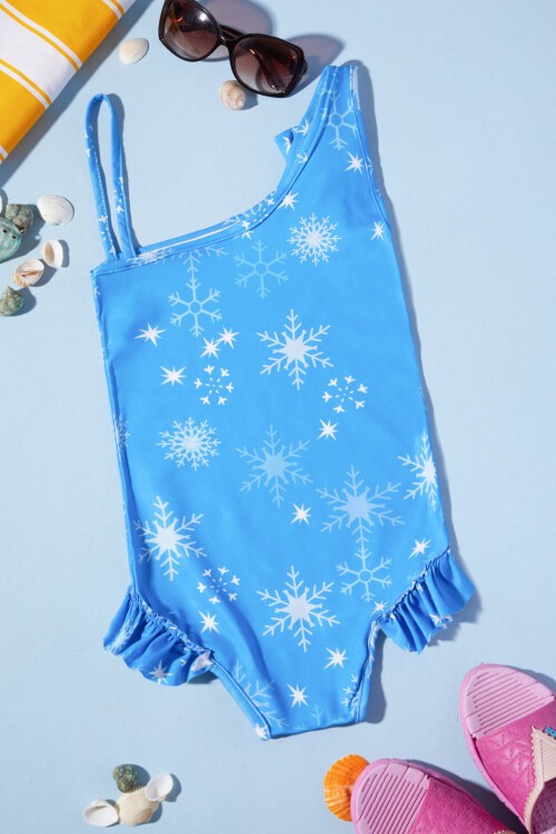 Mavi Kar Desenli Frozen Baskı Kız Mayo 15621