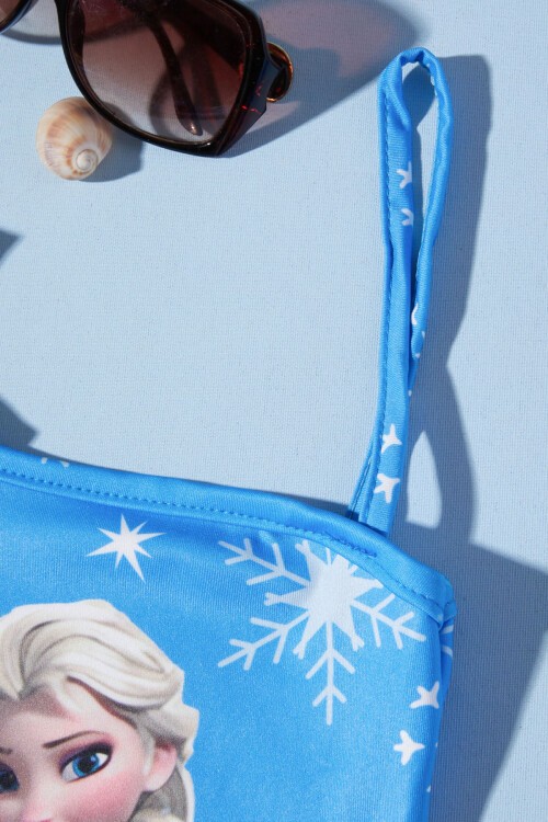 Mavi Kar Desenli Frozen Baskı Kız Mayo 15621