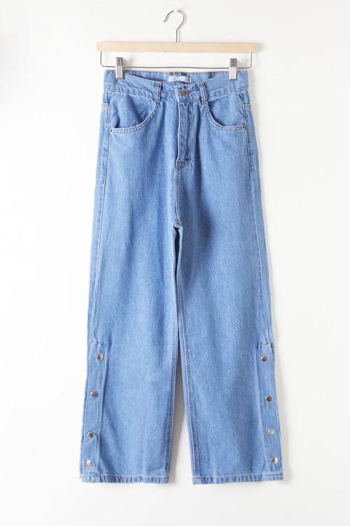 Mavi Paçası Çıtçıtlı Yırtmaçlı Kız Jean Pantolon 16203