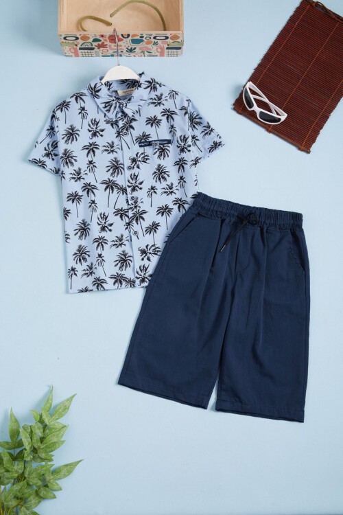 Mavi Palmiye Baskı Gömlekli Şortlu Erkek Takım 15645