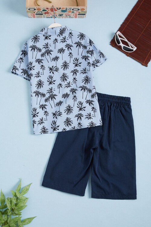 Mavi Palmiye Baskı Gömlekli Şortlu Erkek Takım 15645