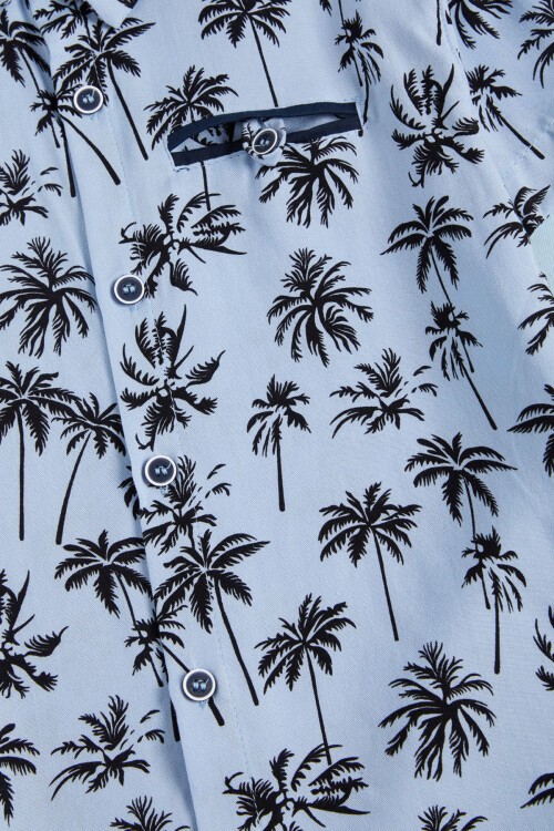 Mavi Palmiye Baskı Gömlekli Şortlu Erkek Takım 15645