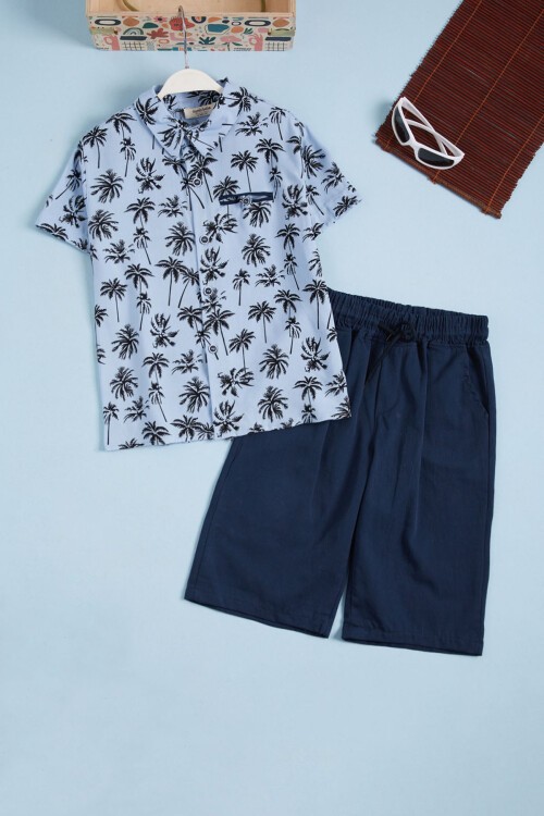Mavi Palmiye Baskı Gömlekli Şortlu Erkek Takım 15645