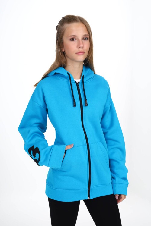 Mavi Sırtı Baskılı Şardonlu Fermuarlı Kapüşonlu Kız Hırka 16435