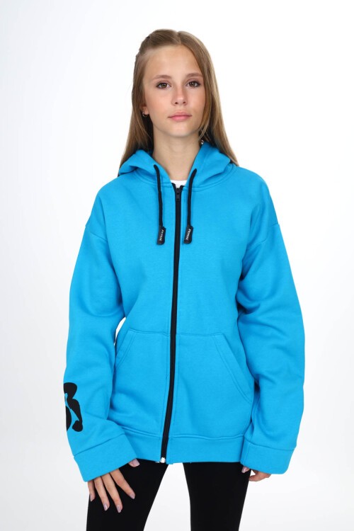 Mavi Sırtı Baskılı Şardonlu Fermuarlı Kapüşonlu Kız Hırka 16435