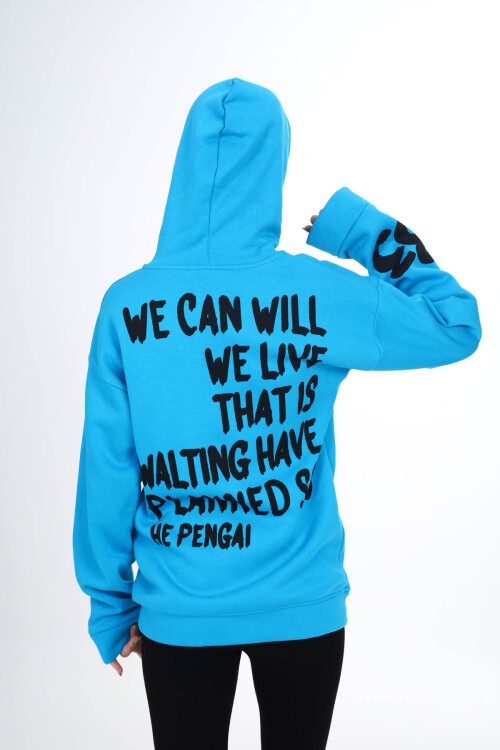 Mavi Sırtı Baskılı Şardonlu Fermuarlı Kapüşonlu Kız Hırka 16435