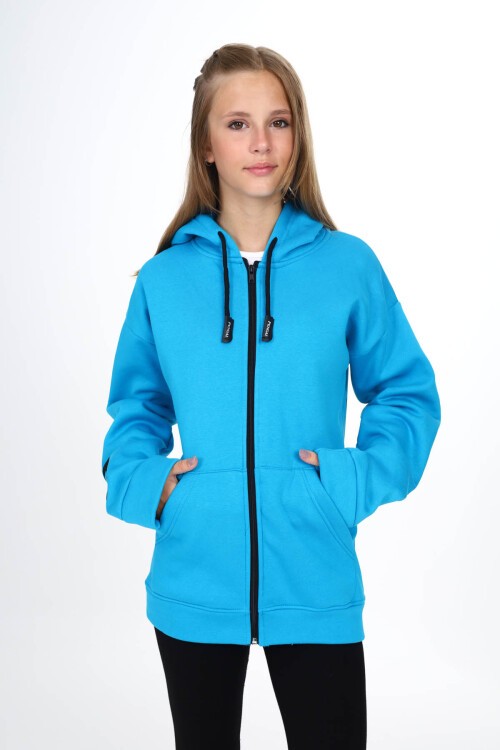 Mavi Sırtı Baskılı Şardonlu Fermuarlı Kapüşonlu Kız Hırka 16435