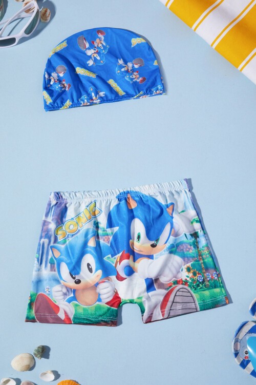 Mavi Sonic Şort ve Boneli Çocuk Mayo Takımı 15619