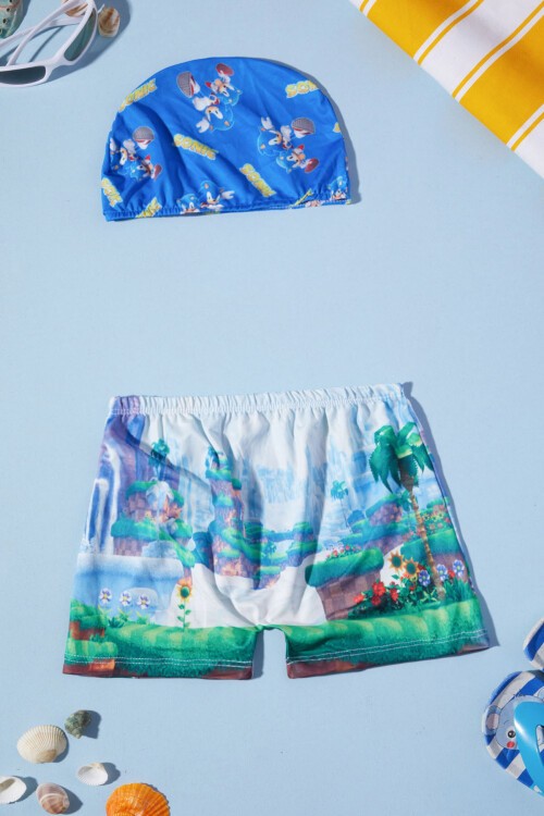 Mavi Sonic Şort ve Boneli Çocuk Mayo Takımı 15619