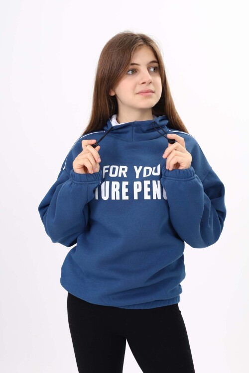 Mavi Yazı Baskılı Polarlı Kız Çocuk Kapşonlu Sweatshirt 16641