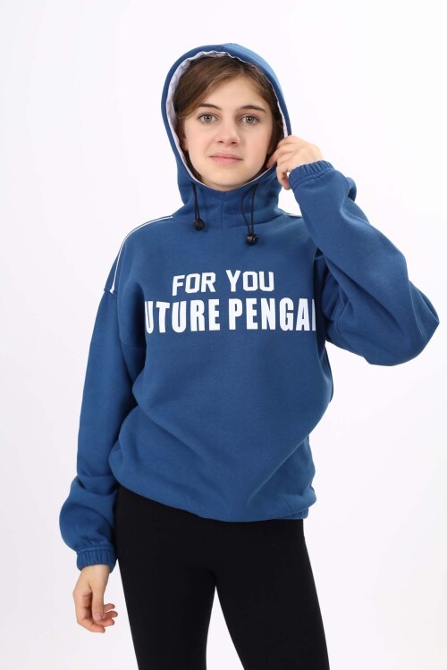 Mavi Yazı Baskılı Polarlı Kız Çocuk Kapşonlu Sweatshirt 16641
