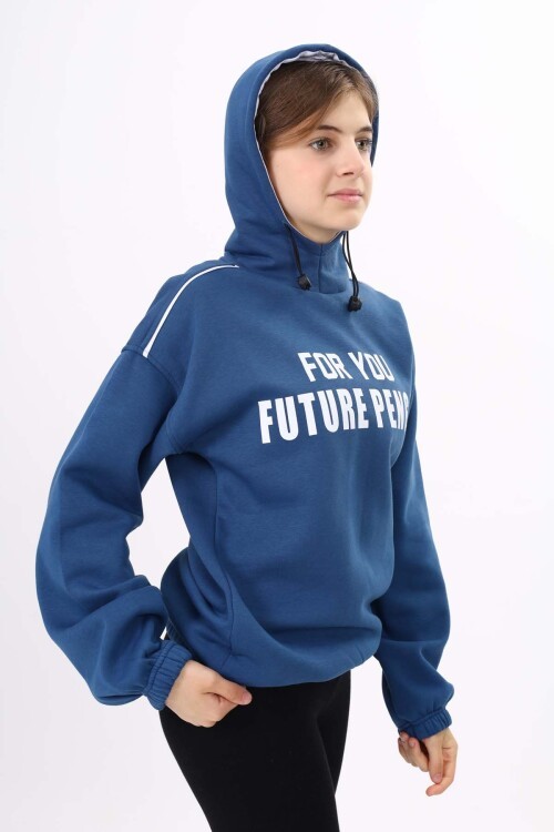 Mavi Yazı Baskılı Polarlı Kız Çocuk Kapşonlu Sweatshirt 16641