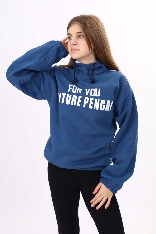 Mavi Yazı Baskılı Polarlı Kız Çocuk Kapşonlu Sweatshirt 16641