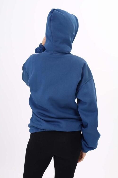 Mavi Yazı Baskılı Polarlı Kız Çocuk Kapşonlu Sweatshirt 16641