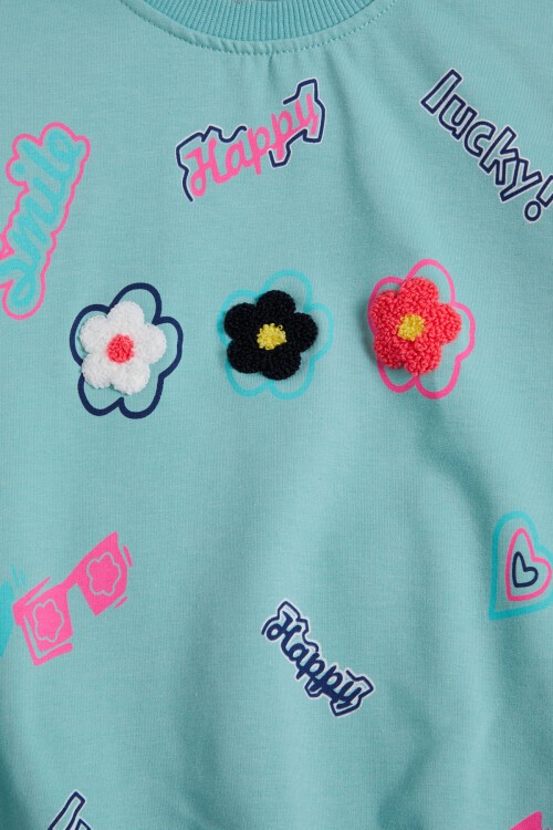 Mint Çiçek Nakışlı Uzun Kol Kız Çocuk Sweatshirt 16306