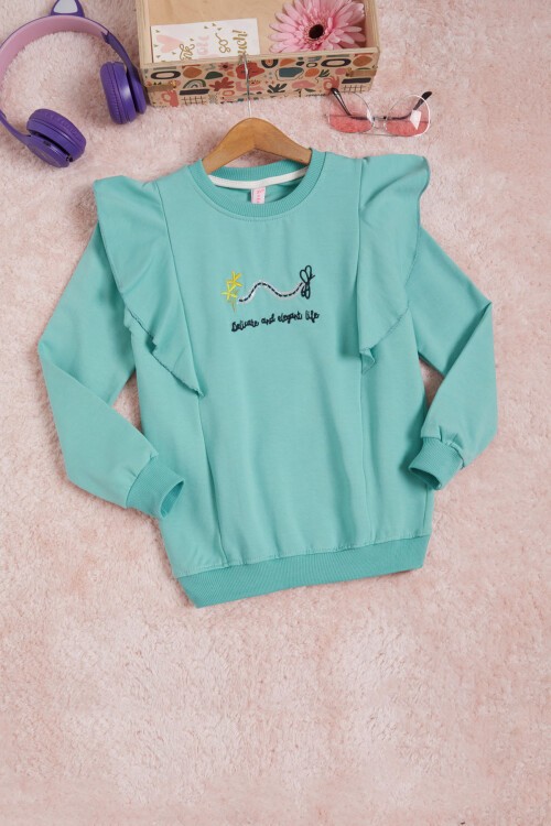 Mint Kelebek Nakışlı Volanlı Kız Çocuk Sweatshirt 16401