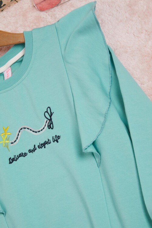 Mint Kelebek Nakışlı Volanlı Kız Çocuk Sweatshirt 16401