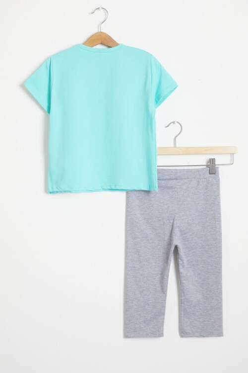 Mint Simli Frozen Baskı Tişört ve Şort Taytlı Kız Takım 15441