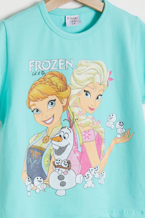 Mint Simli Frozen Baskı Tişört ve Şort Taytlı Kız Takım 15441