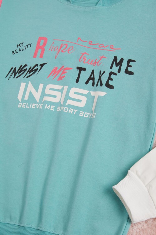 Mint Yazı Baskı Renkli Kollu Kapüşonlu Kız Çocuk Sweatshirt 16300