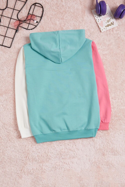 Mint Yazı Baskı Renkli Kollu Kapüşonlu Kız Çocuk Sweatshirt 16300