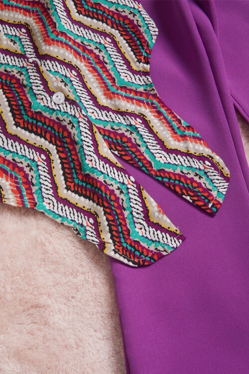 Mor Desenli Gömlekli İspanyol Paça Pantolon Kız Takım 15597