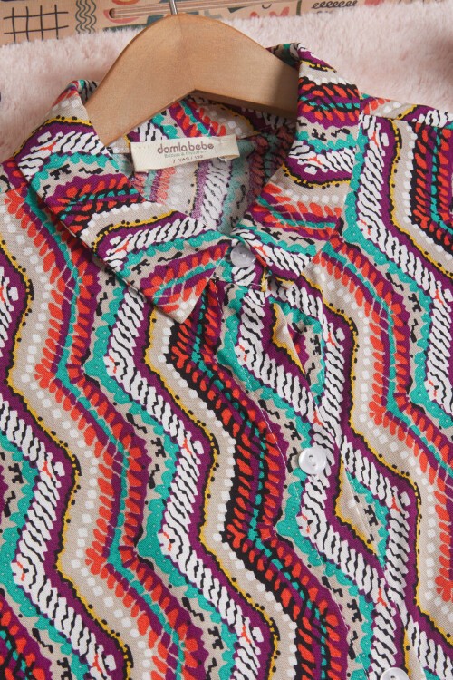 Mor Desenli Gömlekli İspanyol Paça Pantolon Kız Takım 15597