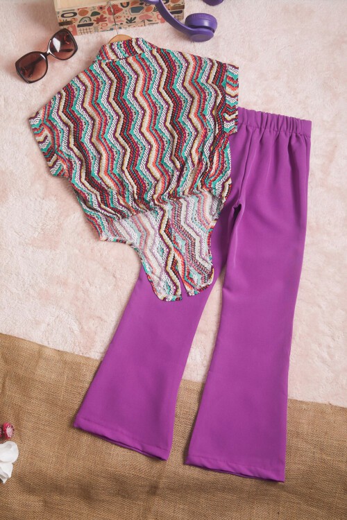 Mor Desenli Gömlekli İspanyol Paça Pantolon Kız Takım 15597